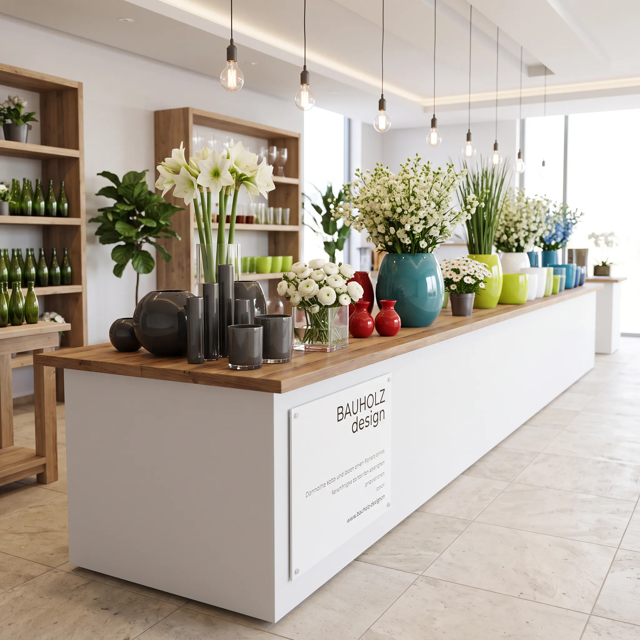 Moderner Präsentationstisch mit glatter Altholz-Platte und farbigen Vasen in einem Floristikfachgeschäft – Die Anfänge von BAUHOLZ design.