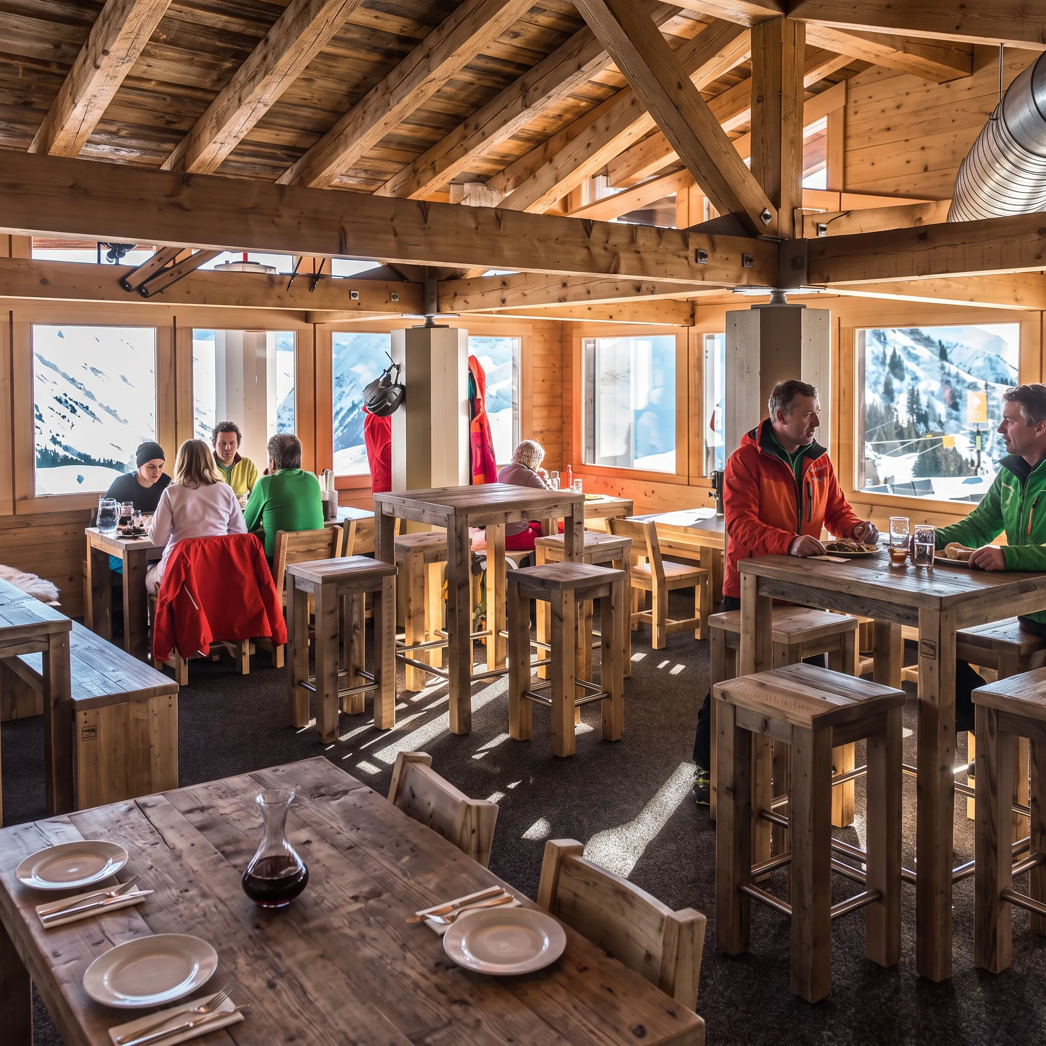 Ein helles Bergrestaurant-Interieur in den Alpen mit massiven Tischen und Hockern aus Altholz, Blick auf schneebedeckte Berge und Skifahrern beim Essen.