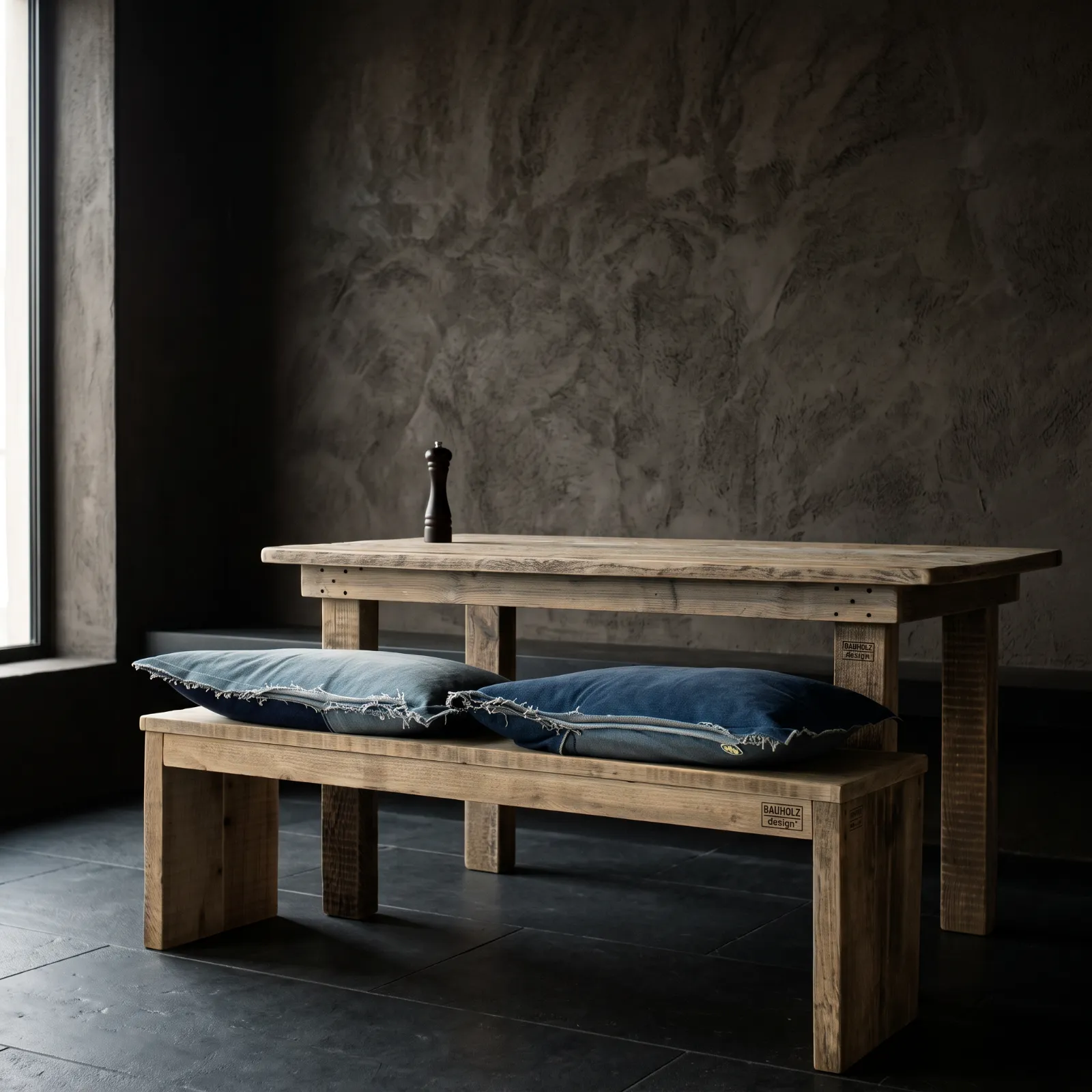 Massive Sitzbank und Tisch Modell Bono aus recyceltem Altholz mit Denim-Kissen in einem modernen Raum von BAUHOLZ design