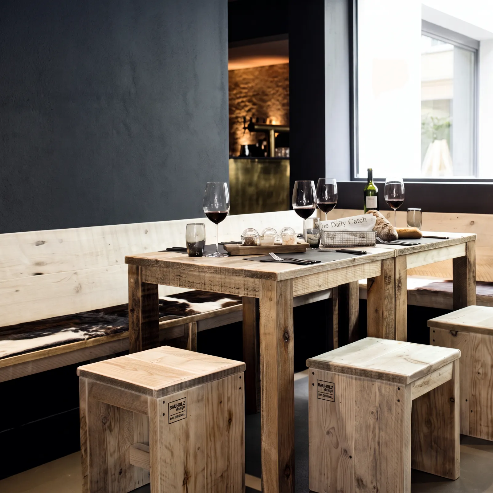 Stilvoller Restaurant-Essbereich mit Tischen, Hocker und langen Bänken aus massivem, recyceltem Bauholz von BAUHOLZ design