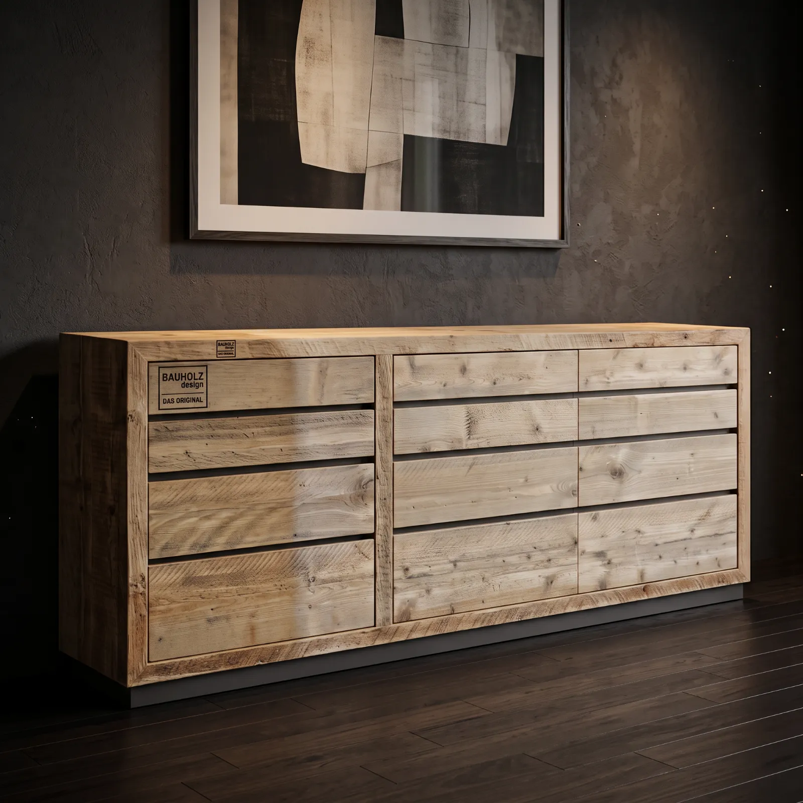 Großes Sideboard aus massivem Altholz mit Schubladen vor einer dunklen Wand mit Kunstwerk